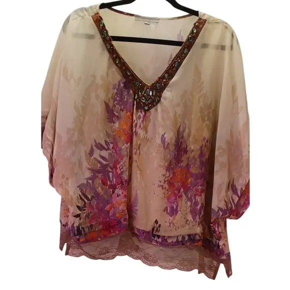 NY Collection Floral Blouse Embellished Beaded V-Neck Top Women's XL Fairy Boho - Picture 4 of 10